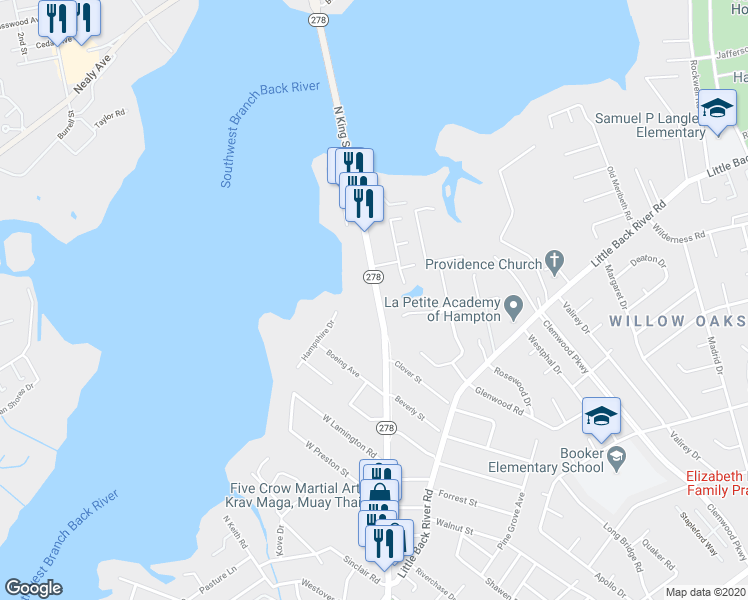 map of restaurants, bars, coffee shops, grocery stores, and more near 1579 North King Street in Hampton