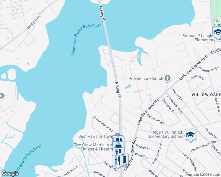 map of restaurants, bars, coffee shops, grocery stores, and more near 1579 North King Street in Hampton
