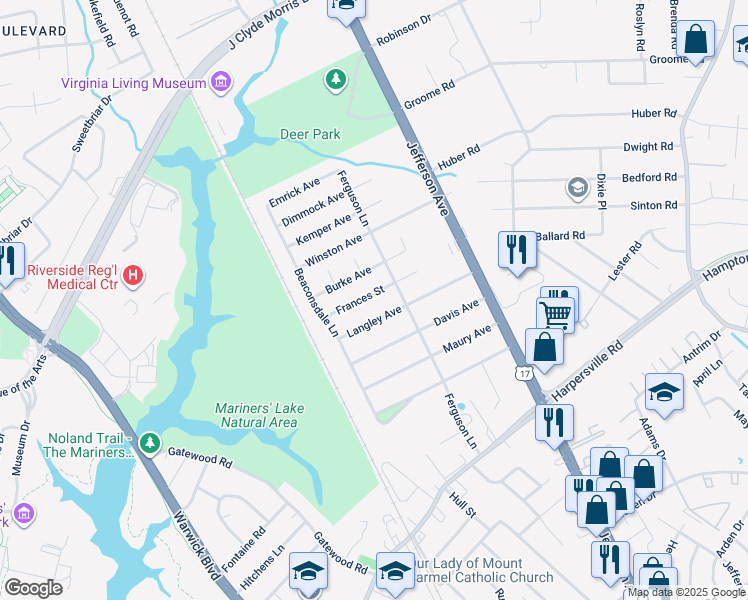 map of restaurants, bars, coffee shops, grocery stores, and more near 23 Frances Street in Newport News