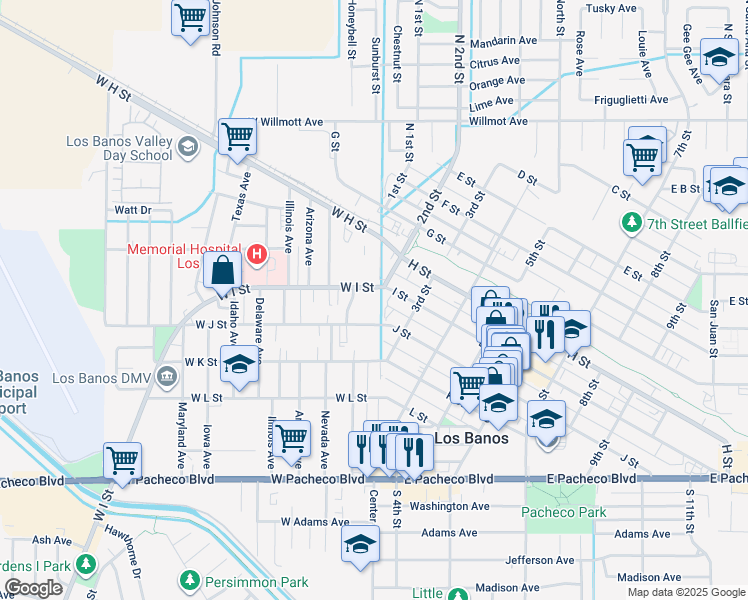 map of restaurants, bars, coffee shops, grocery stores, and more near 846 2nd Street in Los Banos