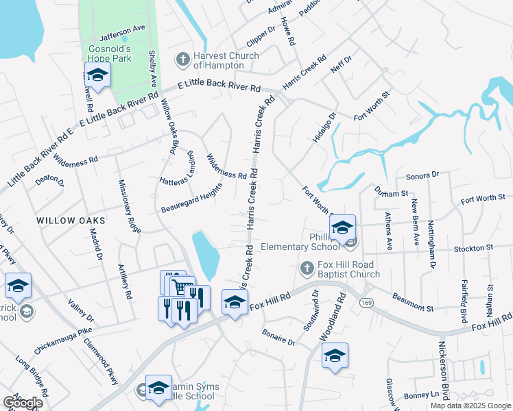 map of restaurants, bars, coffee shops, grocery stores, and more near 50 Harris Creek Road in Hampton