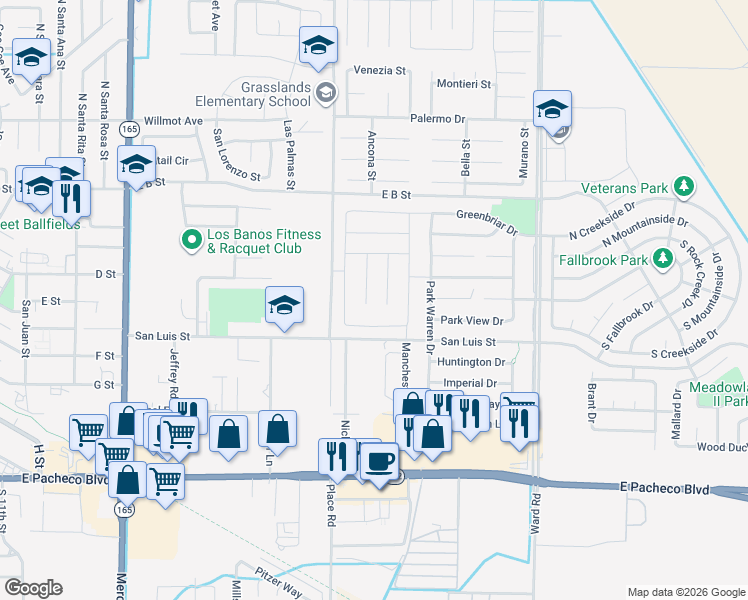 map of restaurants, bars, coffee shops, grocery stores, and more near 100-522 Place Road in Los Banos