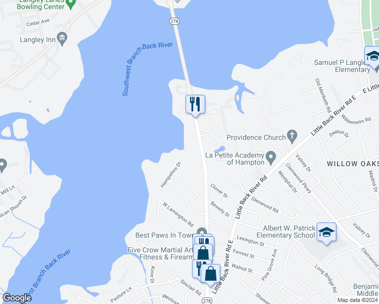 map of restaurants, bars, coffee shops, grocery stores, and more near 1563 North King Street in Hampton