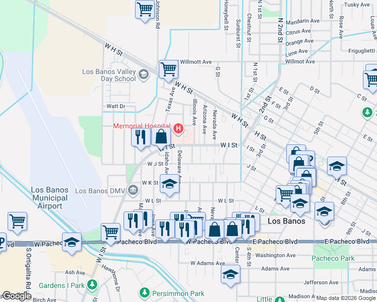 map of restaurants, bars, coffee shops, grocery stores, and more near 356 West I Street in Los Banos