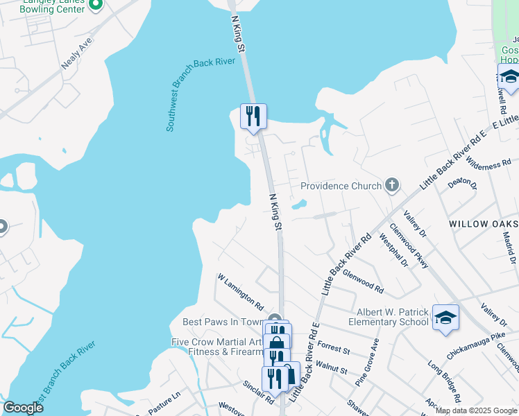 map of restaurants, bars, coffee shops, grocery stores, and more near 1563 North King Street in Hampton