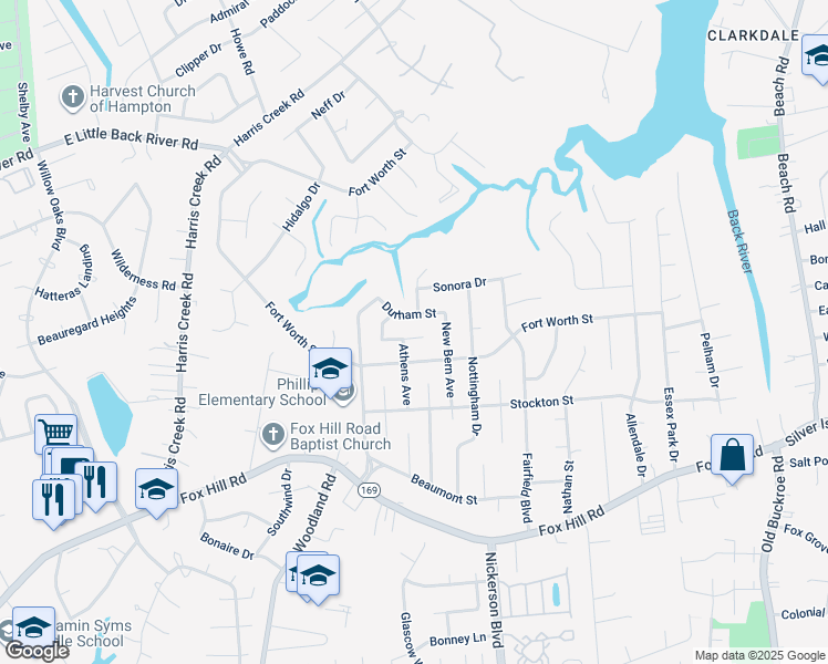 map of restaurants, bars, coffee shops, grocery stores, and more near 425 Galveston Court in Hampton
