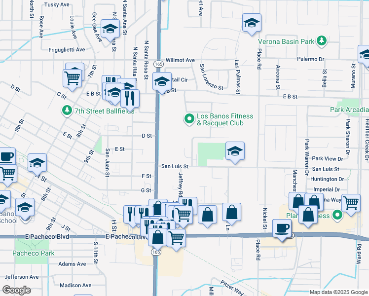 map of restaurants, bars, coffee shops, grocery stores, and more near 1528 Sarba Ct in Los Banos