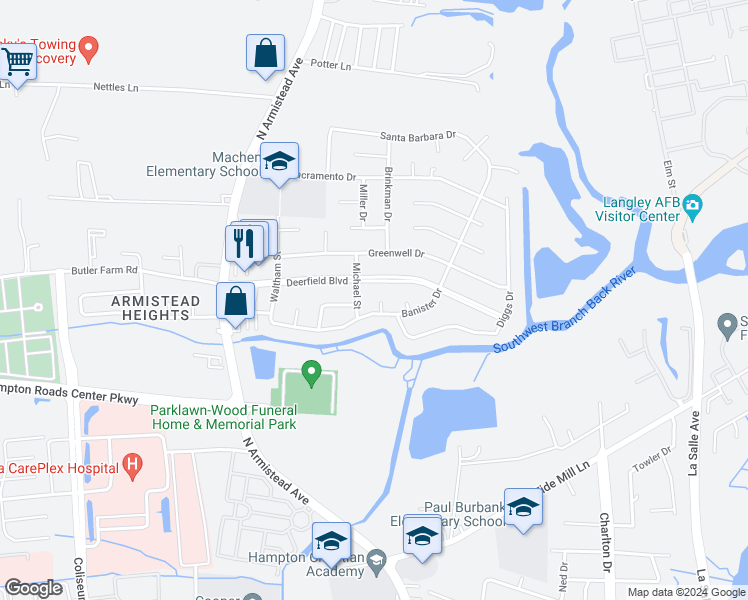 map of restaurants, bars, coffee shops, grocery stores, and more near 3 Purdue Court in Hampton
