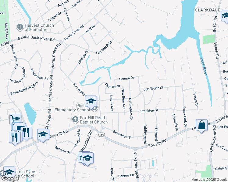 map of restaurants, bars, coffee shops, grocery stores, and more near 425 Galveston Court in Hampton