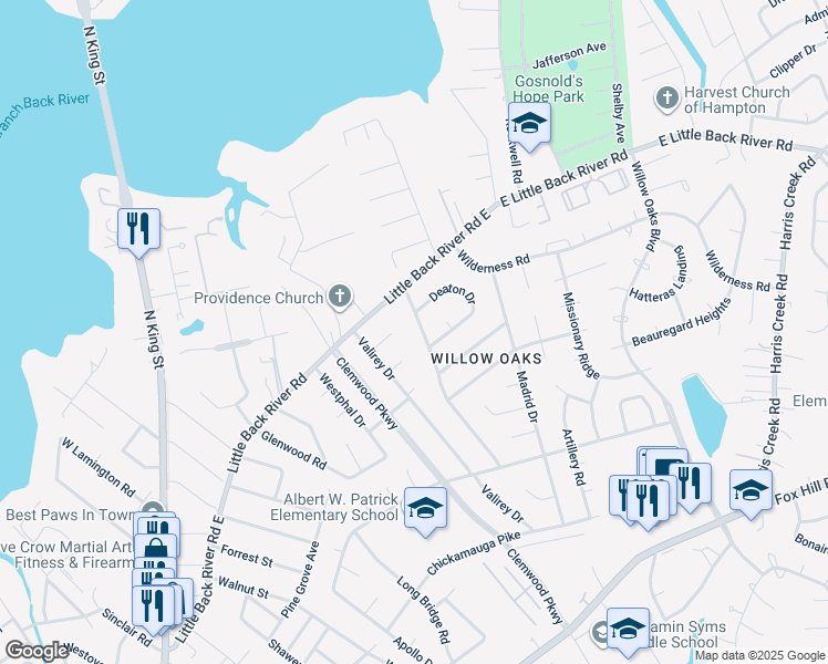 map of restaurants, bars, coffee shops, grocery stores, and more near 14 Margaret Drive in Hampton