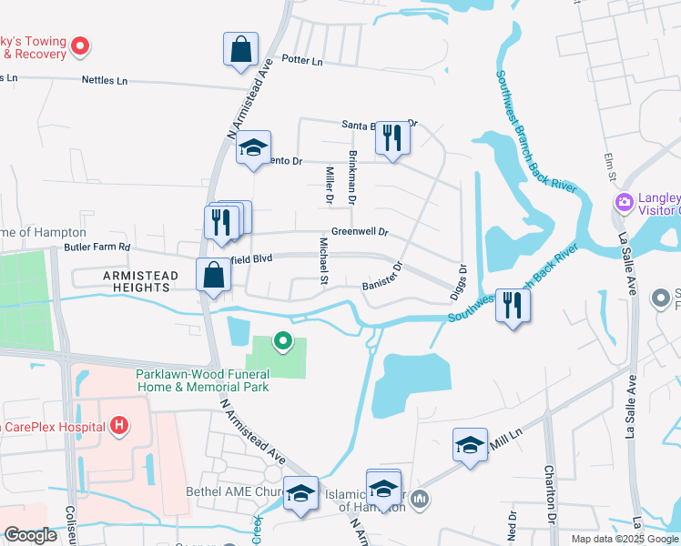 map of restaurants, bars, coffee shops, grocery stores, and more near 3 Purdue Court in Hampton