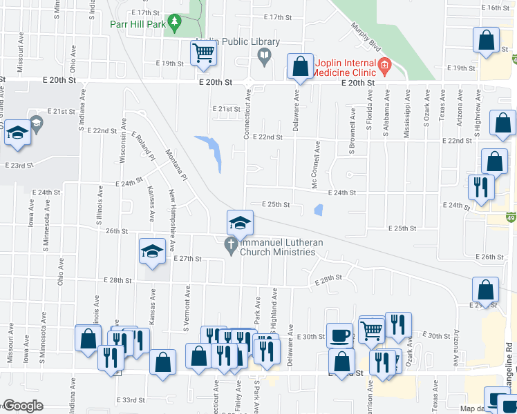 map of restaurants, bars, coffee shops, grocery stores, and more near 2016 East 25th Street in Joplin