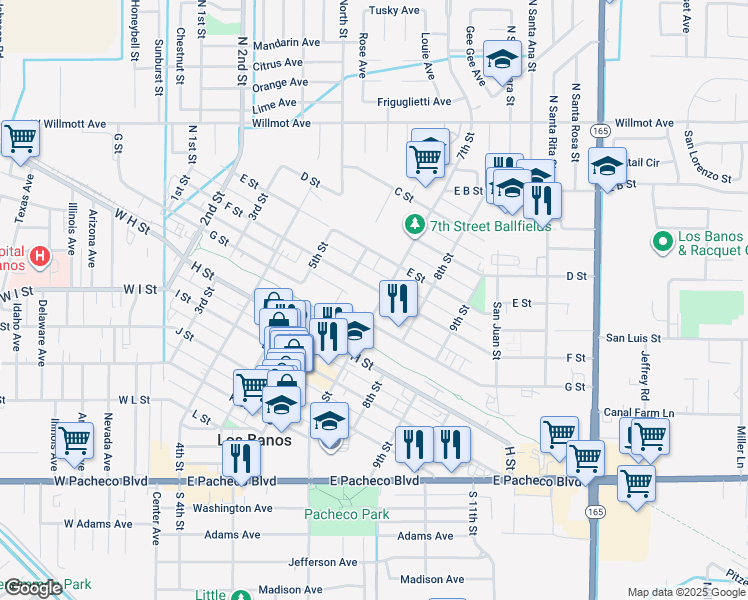 map of restaurants, bars, coffee shops, grocery stores, and more near 545 7th Street in Los Banos