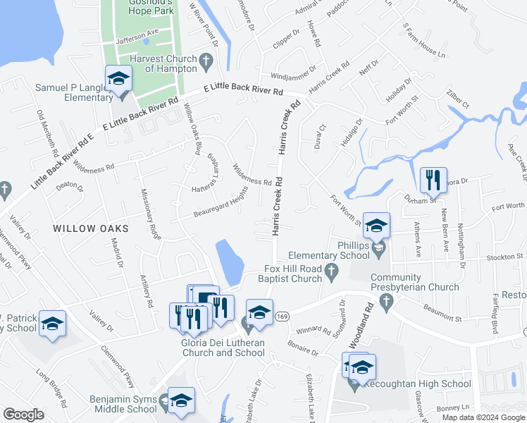 map of restaurants, bars, coffee shops, grocery stores, and more near 11 El Paso Court in Hampton