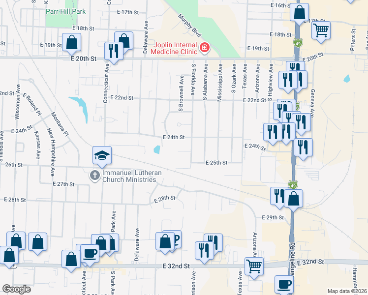 map of restaurants, bars, coffee shops, grocery stores, and more near 2418 East 24th Street in Joplin