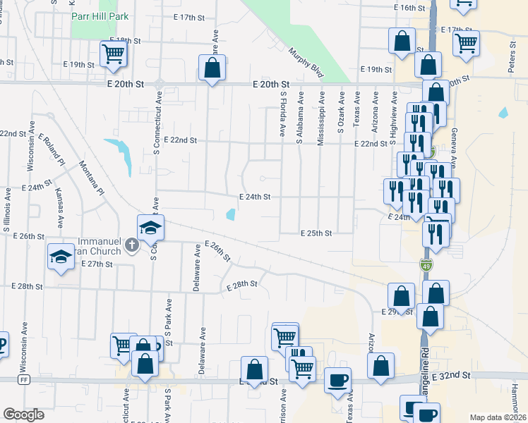 map of restaurants, bars, coffee shops, grocery stores, and more near 2418 East 24th Street in Joplin