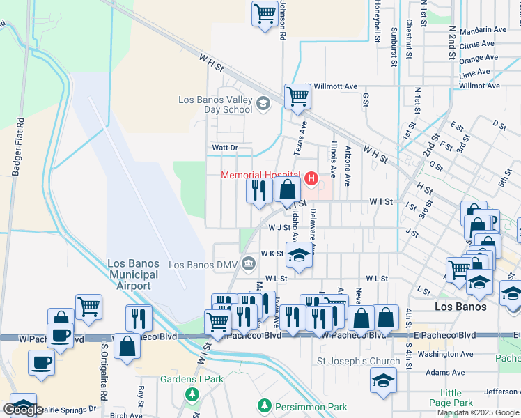 map of restaurants, bars, coffee shops, grocery stores, and more near 839 Iowa Avenue in Los Banos