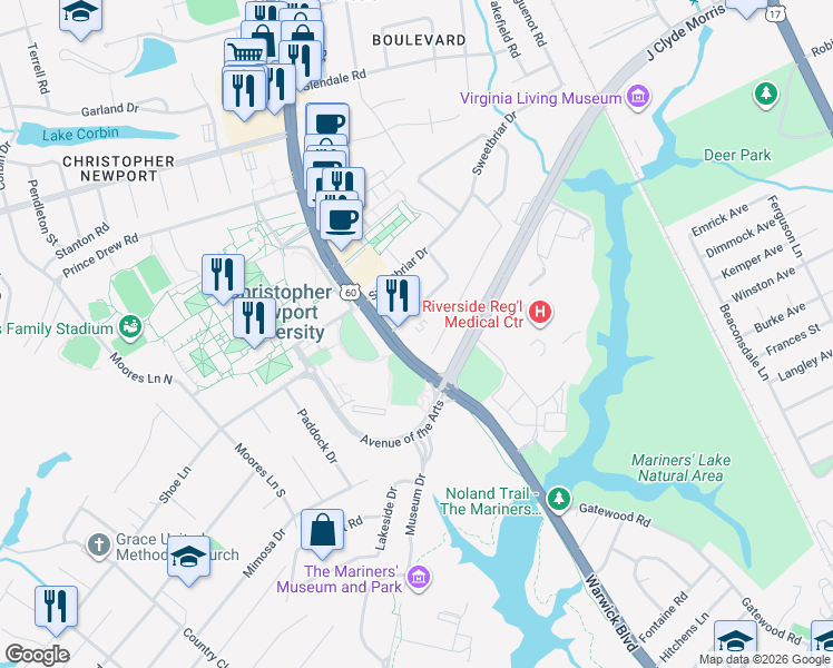 map of restaurants, bars, coffee shops, grocery stores, and more near 6 Nutmeg Quarter Place in Newport News