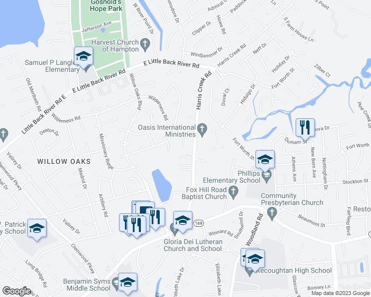 map of restaurants, bars, coffee shops, grocery stores, and more near 11 El Paso Court in Hampton