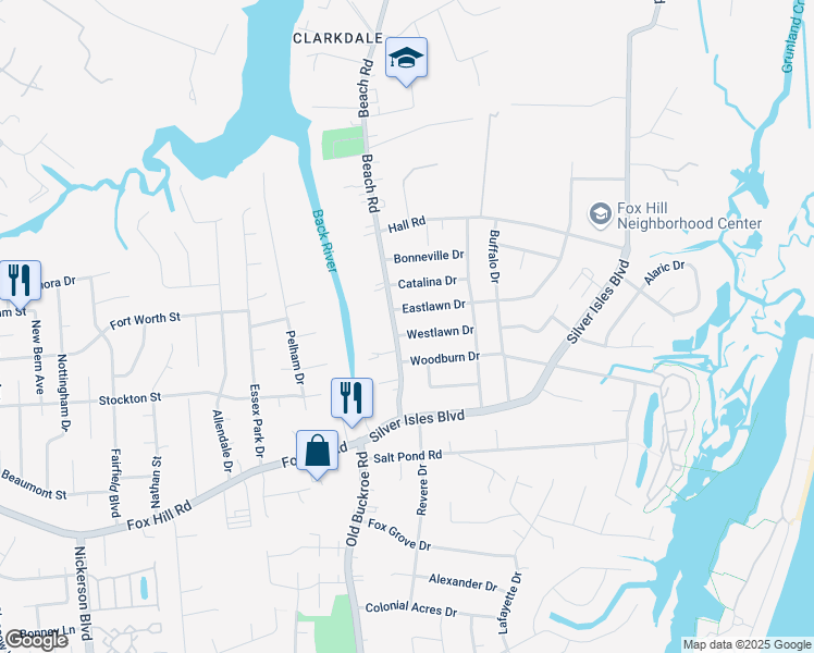 map of restaurants, bars, coffee shops, grocery stores, and more near 52 Beach Road in Hampton