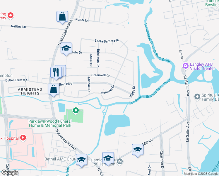map of restaurants, bars, coffee shops, grocery stores, and more near 201 Deerfield Boulevard in Hampton
