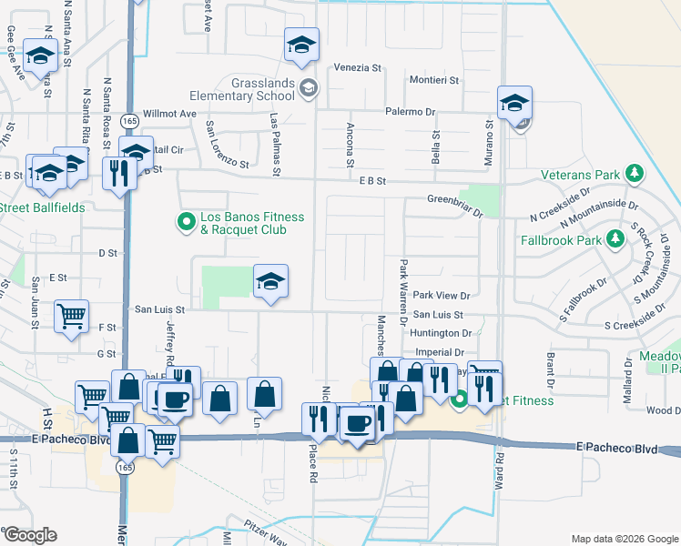 map of restaurants, bars, coffee shops, grocery stores, and more near 401 Manuel Court in Los Banos