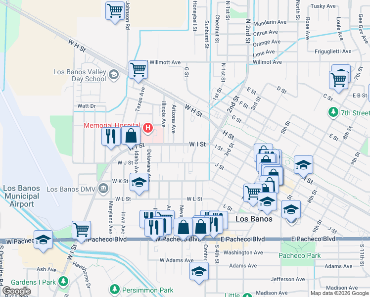 map of restaurants, bars, coffee shops, grocery stores, and more near 222 West I Street in Los Banos
