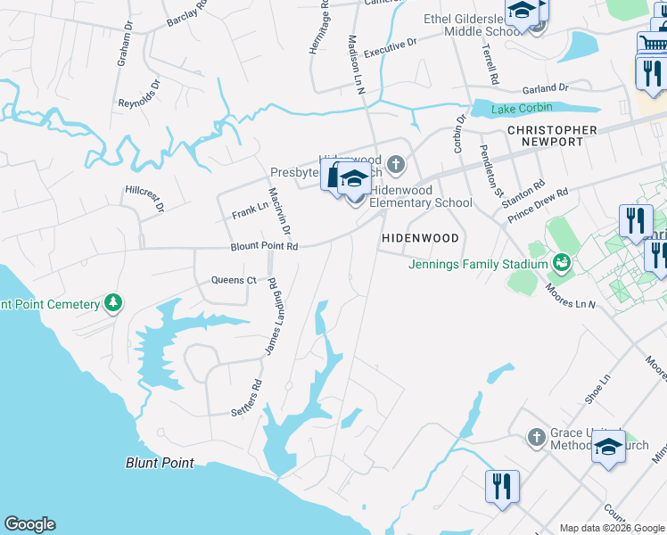 map of restaurants, bars, coffee shops, grocery stores, and more near 3 Langhorne Road in Newport News