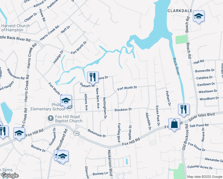 map of restaurants, bars, coffee shops, grocery stores, and more near 805 Fairfield Boulevard in Hampton