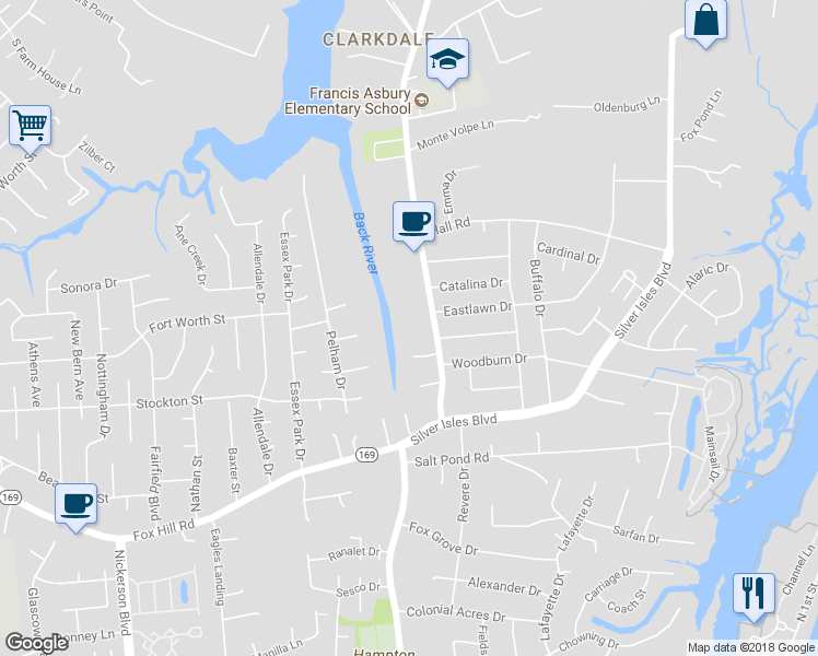 map of restaurants, bars, coffee shops, grocery stores, and more near 51 Beach Road in Hampton