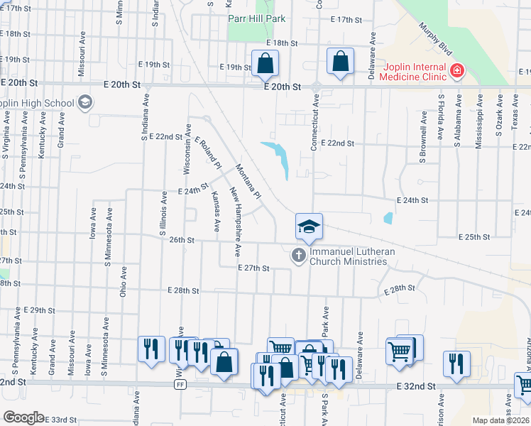 map of restaurants, bars, coffee shops, grocery stores, and more near 2503 Montana Pl in Joplin
