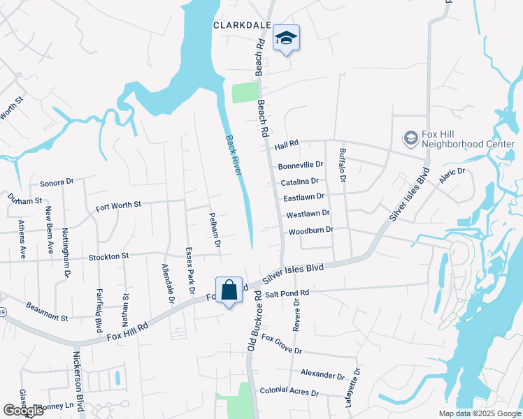 map of restaurants, bars, coffee shops, grocery stores, and more near 51 Beach Road in Hampton