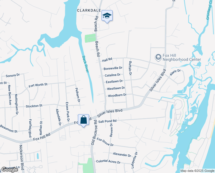 map of restaurants, bars, coffee shops, grocery stores, and more near 52 Beach Road in Hampton