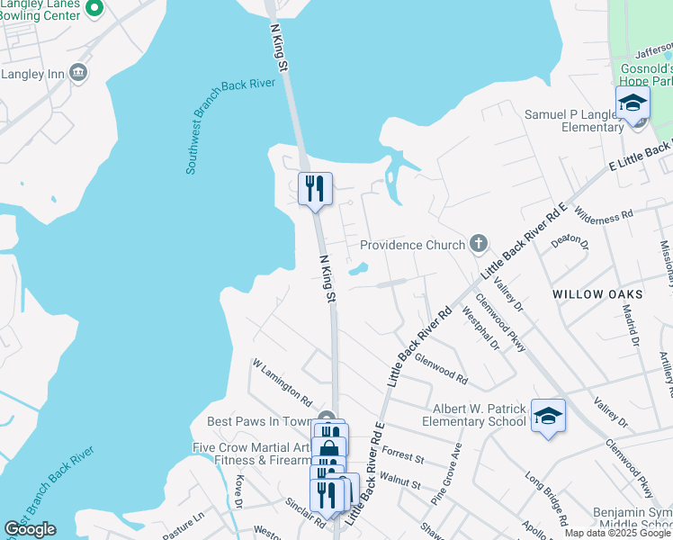 map of restaurants, bars, coffee shops, grocery stores, and more near 1715 Olde Buckingham Road in Hampton