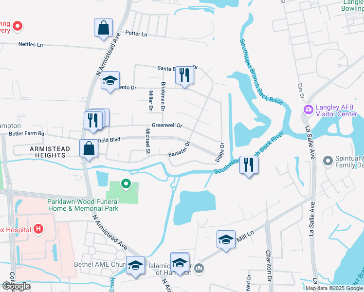 map of restaurants, bars, coffee shops, grocery stores, and more near 201 Deerfield Boulevard in Hampton