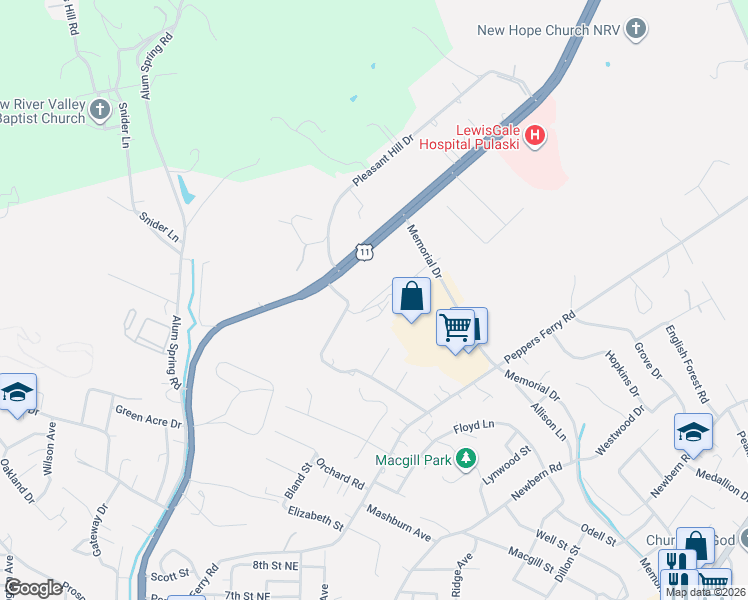map of restaurants, bars, coffee shops, grocery stores, and more near Washington Square Drive in Pulaski