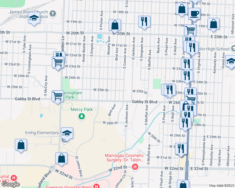 map of restaurants, bars, coffee shops, grocery stores, and more near 2504 South Connor Avenue in Joplin