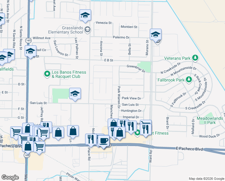 map of restaurants, bars, coffee shops, grocery stores, and more near 332 Manchester Drive in Los Banos