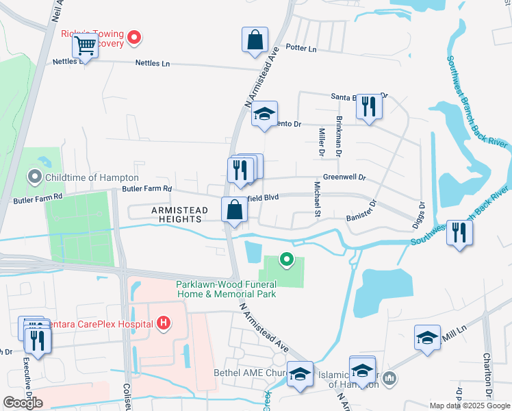 map of restaurants, bars, coffee shops, grocery stores, and more near 9 Waltham Street in Hampton