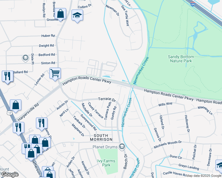map of restaurants, bars, coffee shops, grocery stores, and more near 838 Mattmoore Place in Newport News