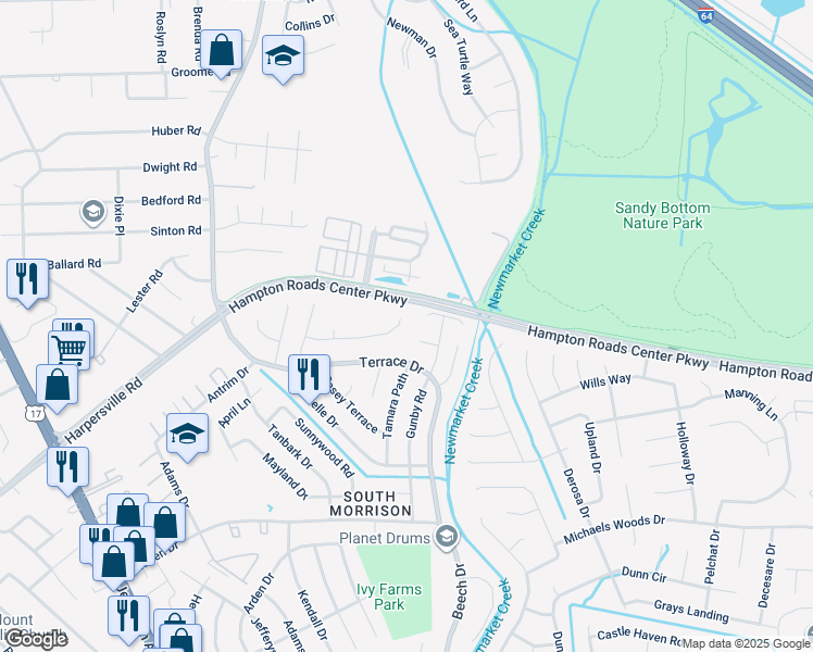 map of restaurants, bars, coffee shops, grocery stores, and more near 838 Mattmoore Place in Newport News