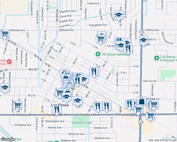 map of restaurants, bars, coffee shops, grocery stores, and more near 659 F Street in Los Banos