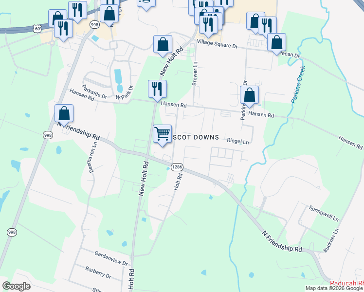 map of restaurants, bars, coffee shops, grocery stores, and more near 2353-2357 Holt Road in Paducah