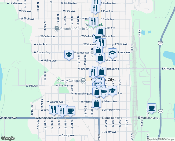 map of restaurants, bars, coffee shops, grocery stores, and more near 221 West Chestnut Avenue in Arkansas City