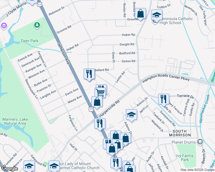 map of restaurants, bars, coffee shops, grocery stores, and more near 119 Woods Road in Newport News