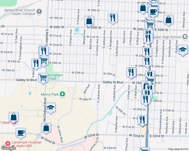 map of restaurants, bars, coffee shops, grocery stores, and more near 2504 South Connor Avenue in Joplin