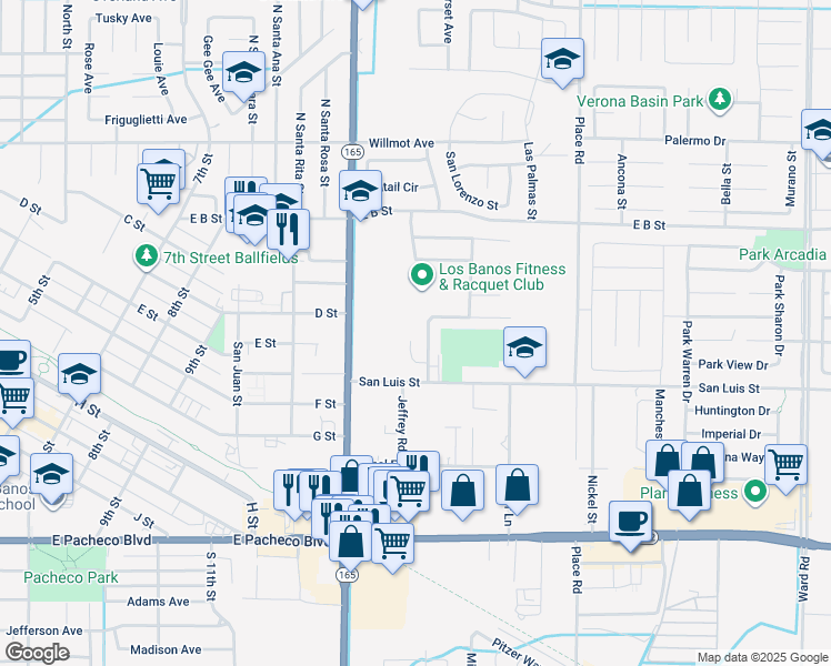 map of restaurants, bars, coffee shops, grocery stores, and more near 1528 Sarba Ct in Los Banos