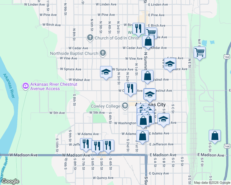 map of restaurants, bars, coffee shops, grocery stores, and more near 320-398 West Chestnut Avenue in Arkansas City