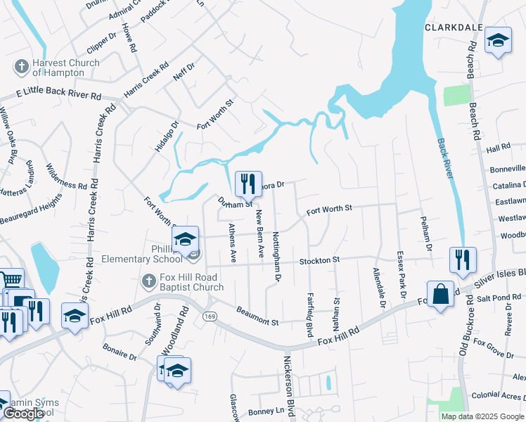 map of restaurants, bars, coffee shops, grocery stores, and more near 810 New Bern Avenue in Hampton