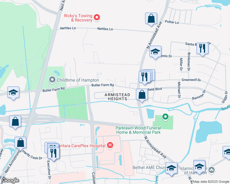 map of restaurants, bars, coffee shops, grocery stores, and more near 11 Butler Farm Road in Hampton